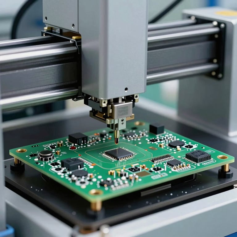 A high-speed pick and place machine accurately positioning miniature components on a green PCB in a modern South Asian / Indian factory.