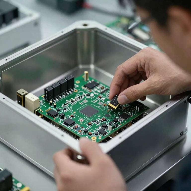 Final box build assembly stage where a technician is carefully fitting a finished PCB into its sleek, premium metal industrial housing.