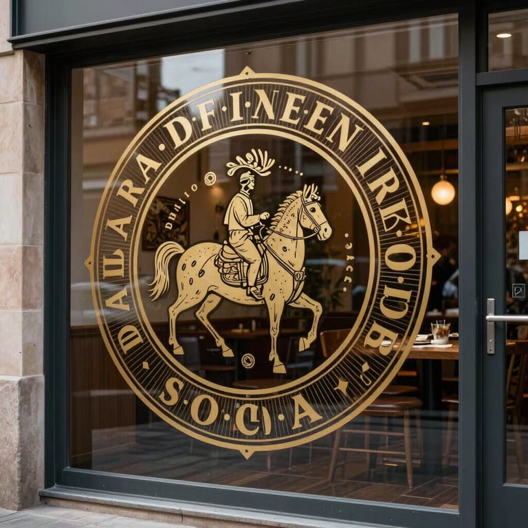 Decorative cutting sticker design on a restaurant glass entrance.