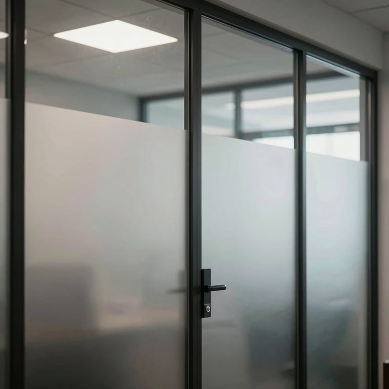 Interior view of an office with frosted privacy stickers on glass doors.