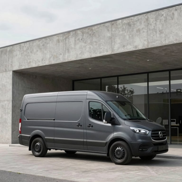 Architectural wide shot of a clean, matte-charcoal transport van parked precisely outside a modern concrete gallery entrance under overcast daylight.