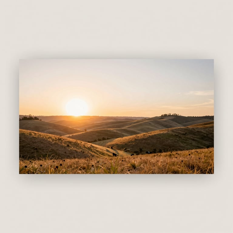Sunset over the rolling hills of the ranch, casting a warm glow with palette colors #A79B8F and #F6F4F1.