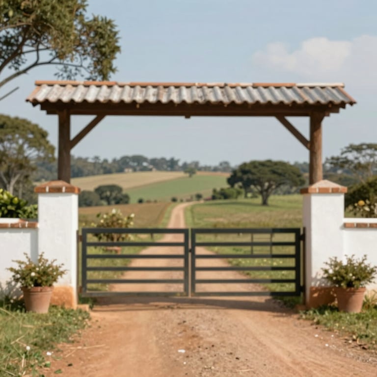 The entrance of the ranch in Piracaia, showing the beautiful landscape and established gates.