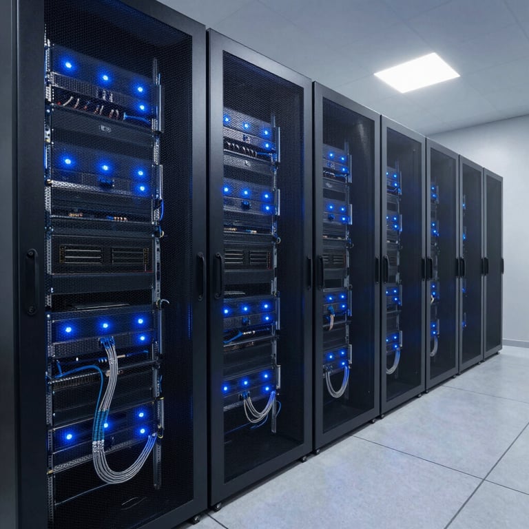 Wide-angle shot of a clean, modern server room with blue LED indicator lights on rack-mounted servers, organized cabling, and dust-free environment.