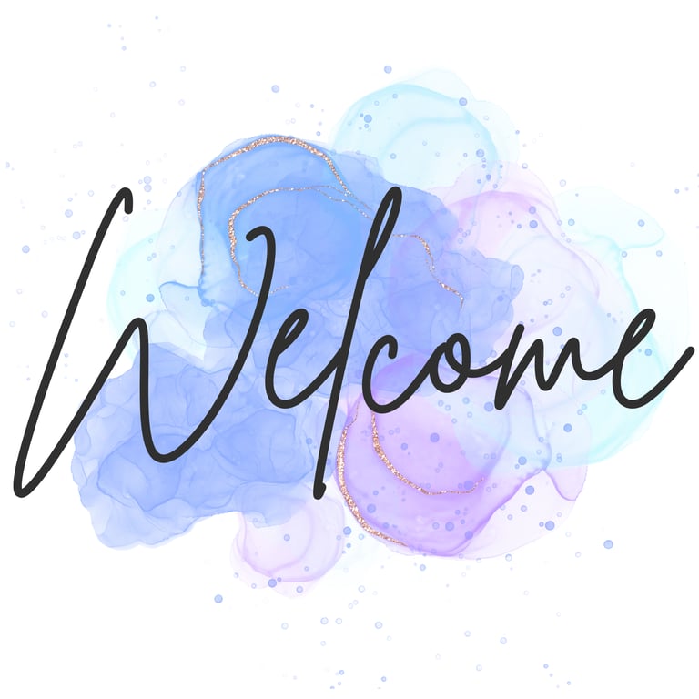 Elegant welcome sign with cursive script over blue and purple watercolor alcohol ink art.