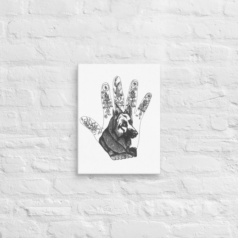 Gepersonaliseerde handomtrek tekening met hond geprint op canvas hangt aan muur