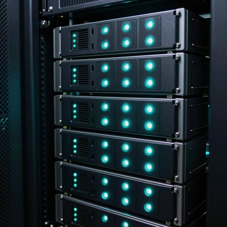 Close-up of high-end server hardware in a data center, glowing with soft Teal status lights, signifying reliability and expert power.
