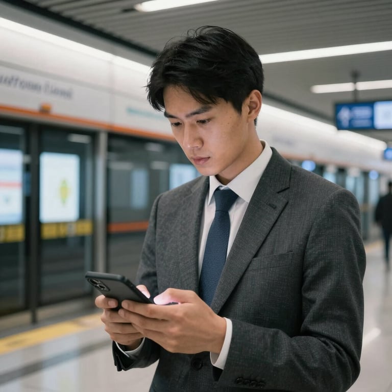 A professional individual in business attire using an Android app for productivity in a modern metropolitan transit station, International / Global.