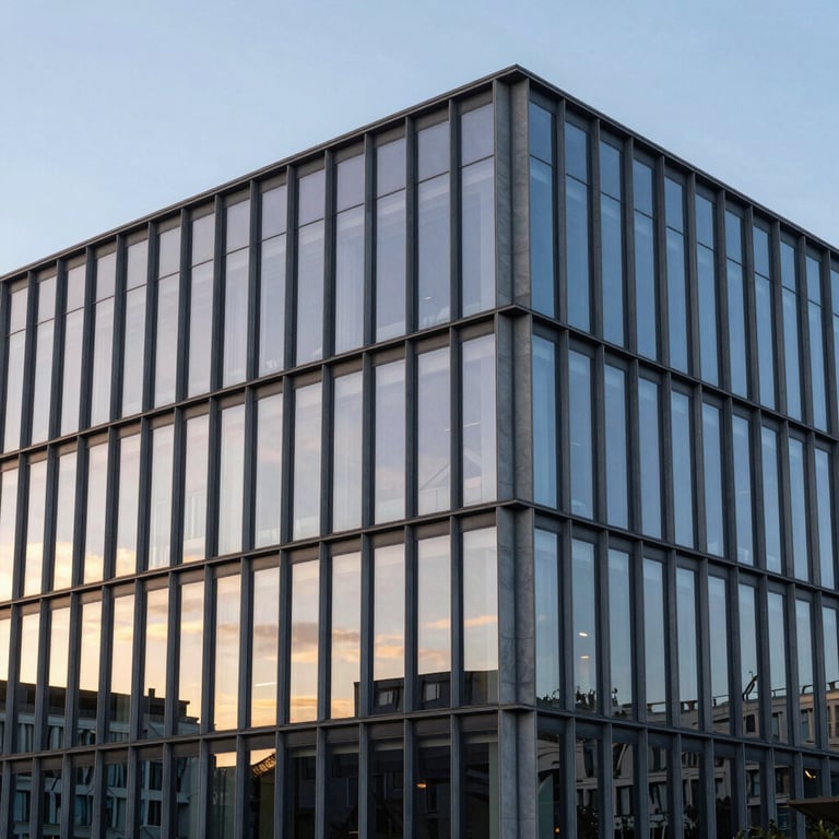 Clean architecture of a modern tech building at sunset, reflected in a glass facade with Slate Blue and Pale Grey hues.