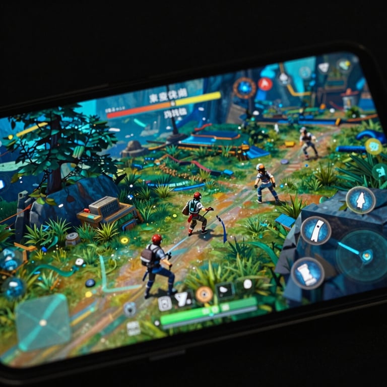 A macro photograph of a smartphone screen showing a vibrant, high-performance game world with deep Dark Navy and Bright Teal lighting.