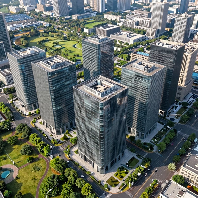 An aerial view of a futuristic tech campus with green spaces and sleek glass buildings in a major International / Global city.
