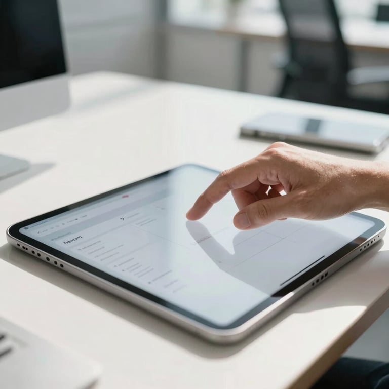 A developer's hand interacting with a high-performance tablet, demonstrating smooth UI transitions in a bright, sunlit professional office.