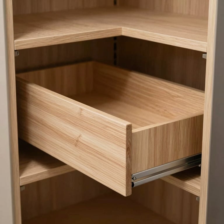 Close-up of a custom built-in pantry with smooth gliding pull-out shelves made of light wood, showing high-end finish carpentry.