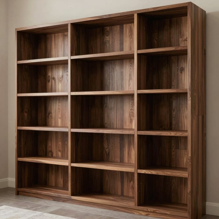 Custom walnut brown bookshelves integrated into a home office with clean lines and expert joinery, warm professional lighting.