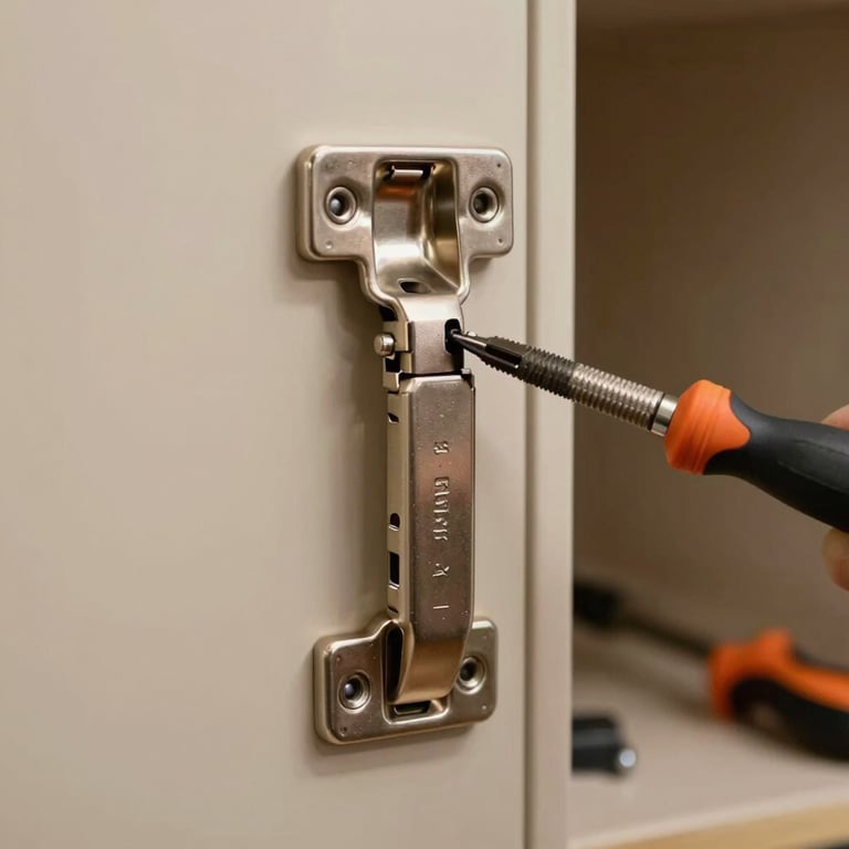 Detailed shot of high-quality cabinet hinges being installed on a sand beige door with precision tools in a workshop.