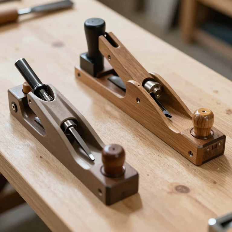 A carpenter's workbench with professional planes and chisels laid out on a light wood surface, reflecting meticulous craftsmanship.