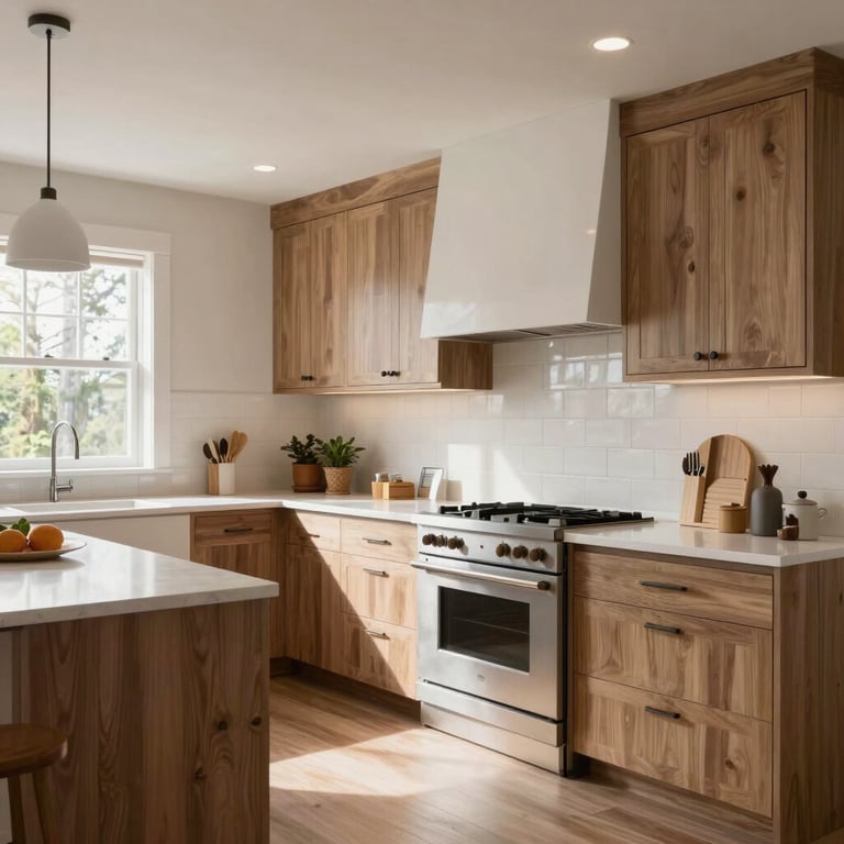 A wide shot of a modern PNW kitchen featuring a mix of custom cabinetry and designer RTA solutions, bright and airy feel.