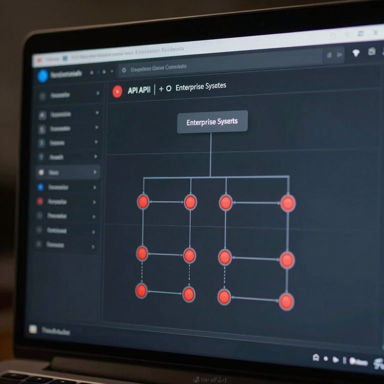 Close-up of a configuration screen showing API connection settings and data flow diagram between enterprise systems, clean dark UI with red connection status indicators, studio lighting on screen
