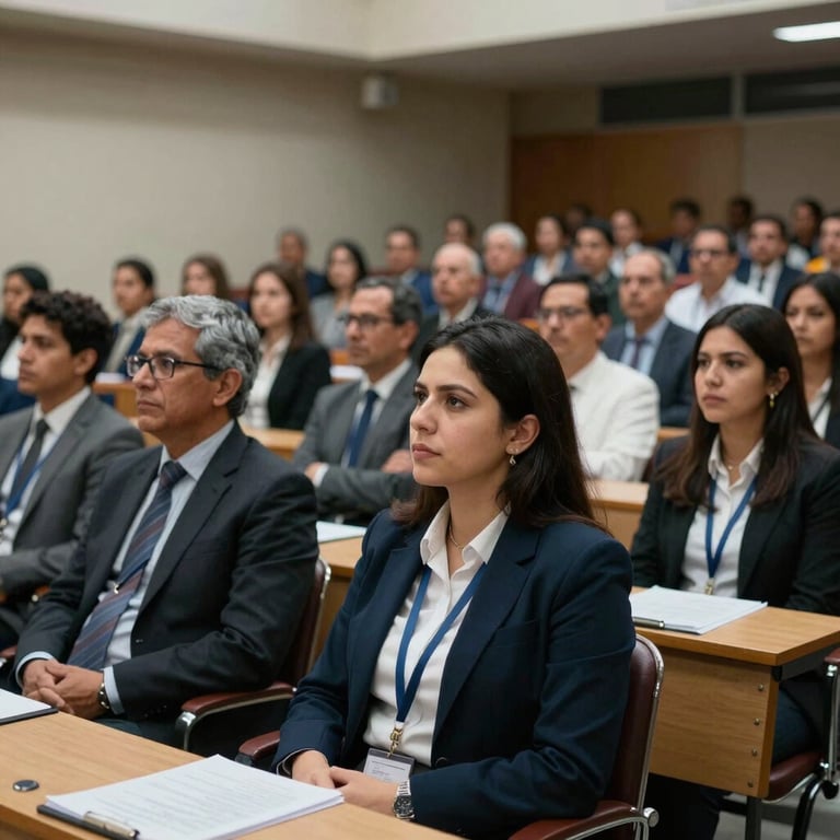 A focused academic seminar taking place in a university hall in Bucaramanga, with rows of attentive professional participants.