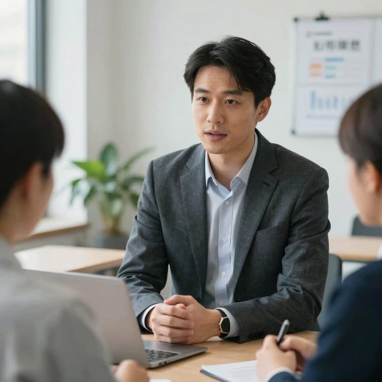 A close-up shot of a consultant providing professional guidance to a small group of business owners in a clean, well-lit workspace.