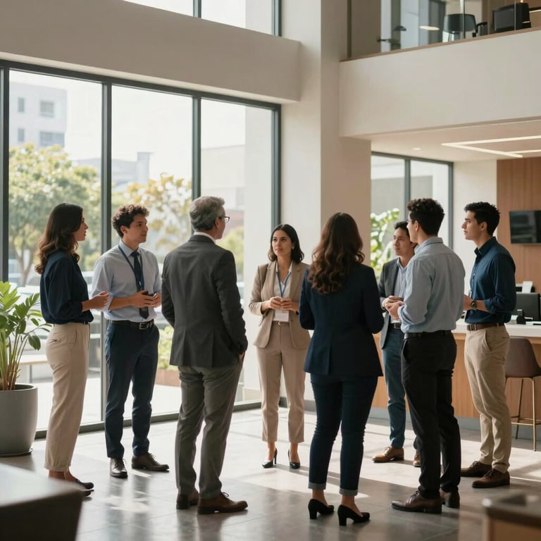A group of South American / Colombian professionals networking in a sunlit lobby of a modern corporate building in Santander, wearing business casual attire.