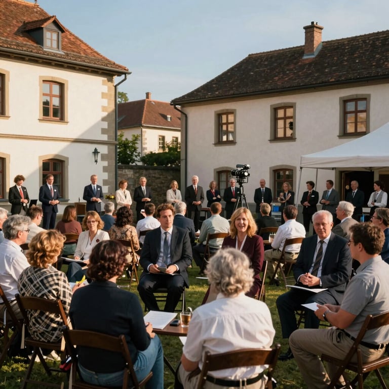 An outdoor cultural event organized by the committee, featuring local architecture and a community-focused professional gathering under warm sunlight.
