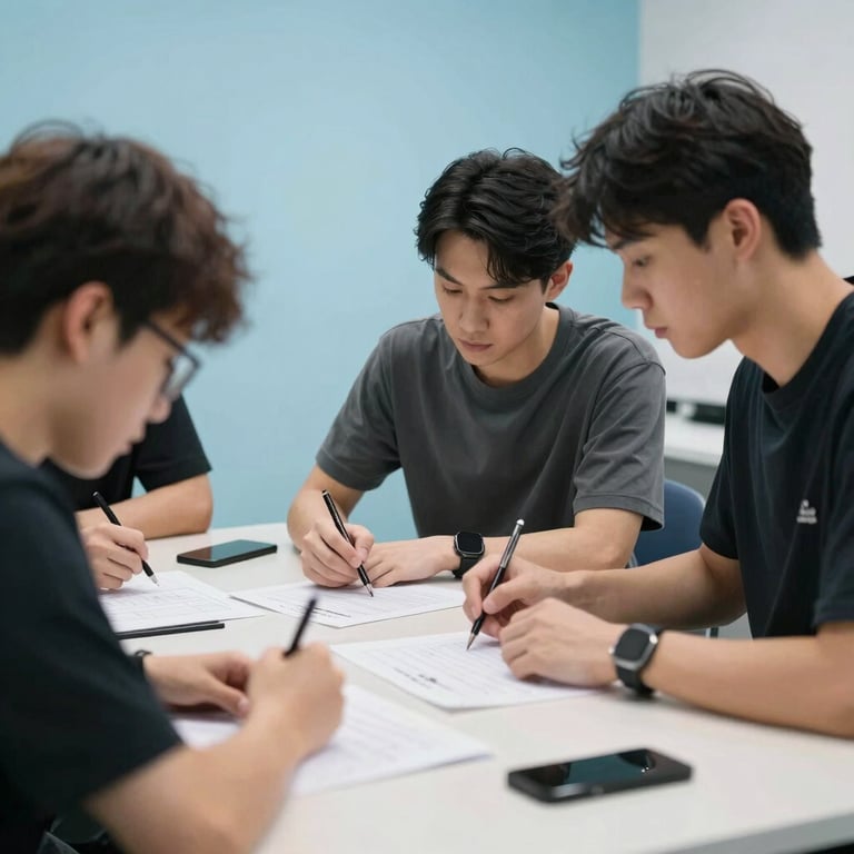 A professional workshop setting with participants working together on strategies, featuring a clean aesthetic with light blue and charcoal accents.