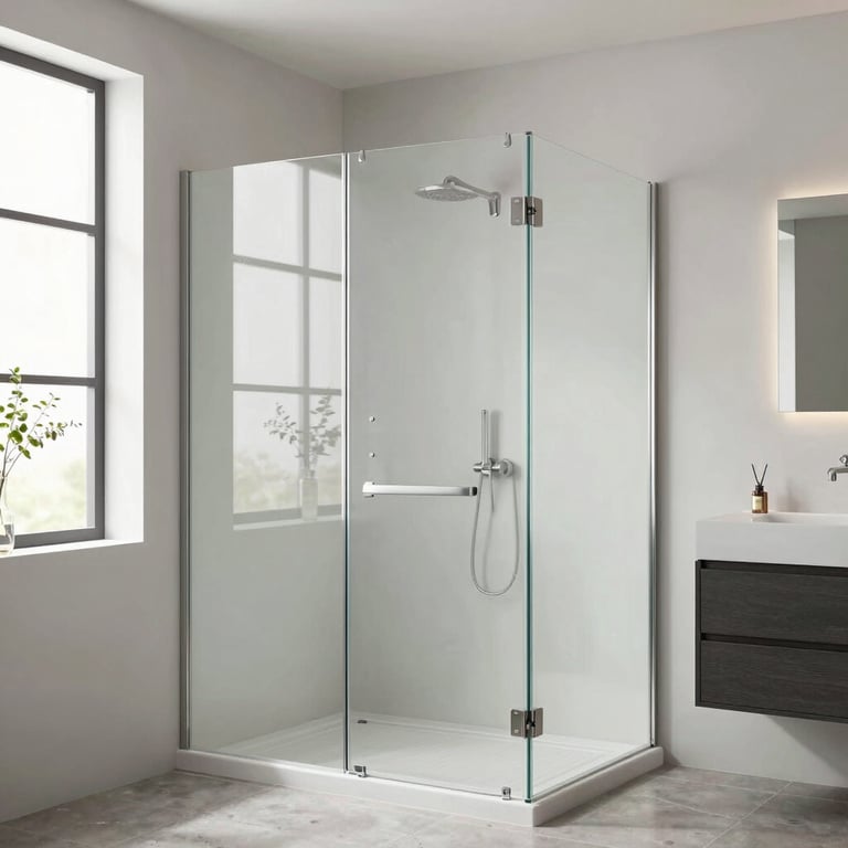 A sleek modern shower screen installed in a bright bathroom.