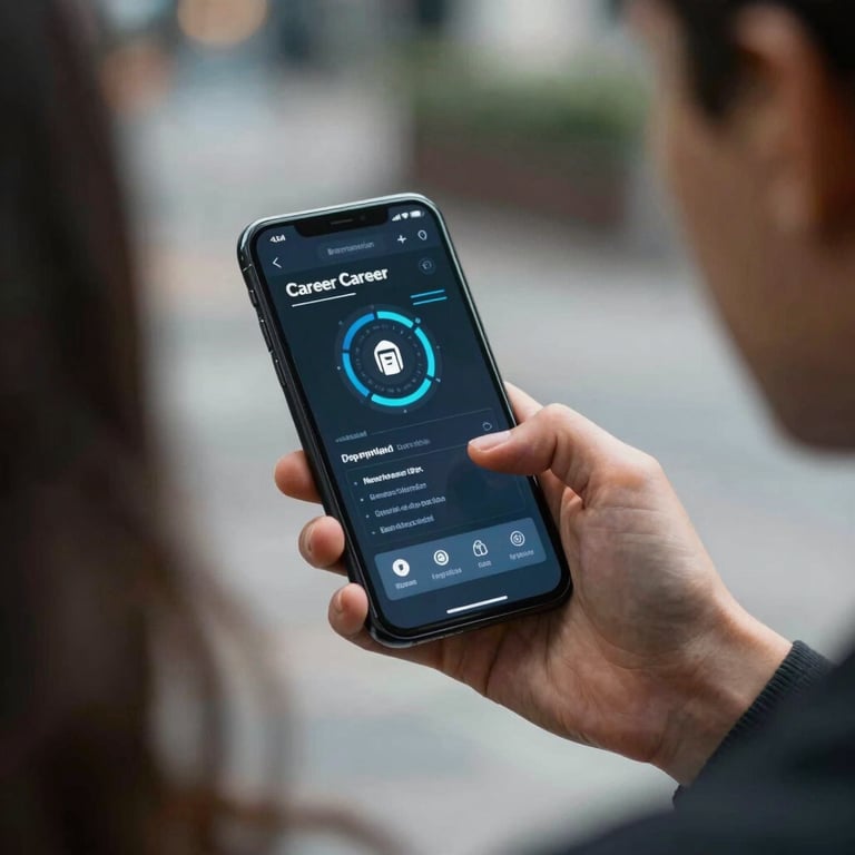 An over-the-shoulder shot of a user interacting with a high-tech career interface on a smartphone in an urban setting.