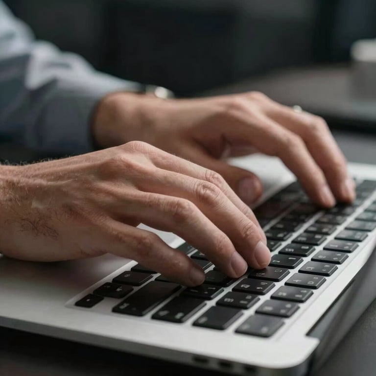 Close-up of a professional's hands typing on a sleek keyboard in a tech-inspired environment.