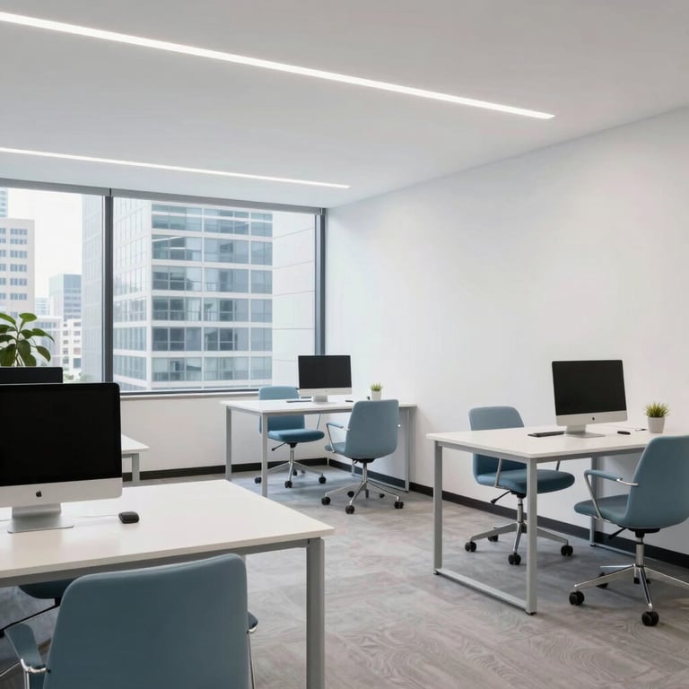 A bright, modern co-working space in a North American city with clean white walls and light blue furniture.