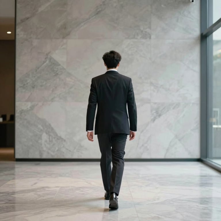 A person in professional attire walking through a minimalist lobby with grey and off-white marble.