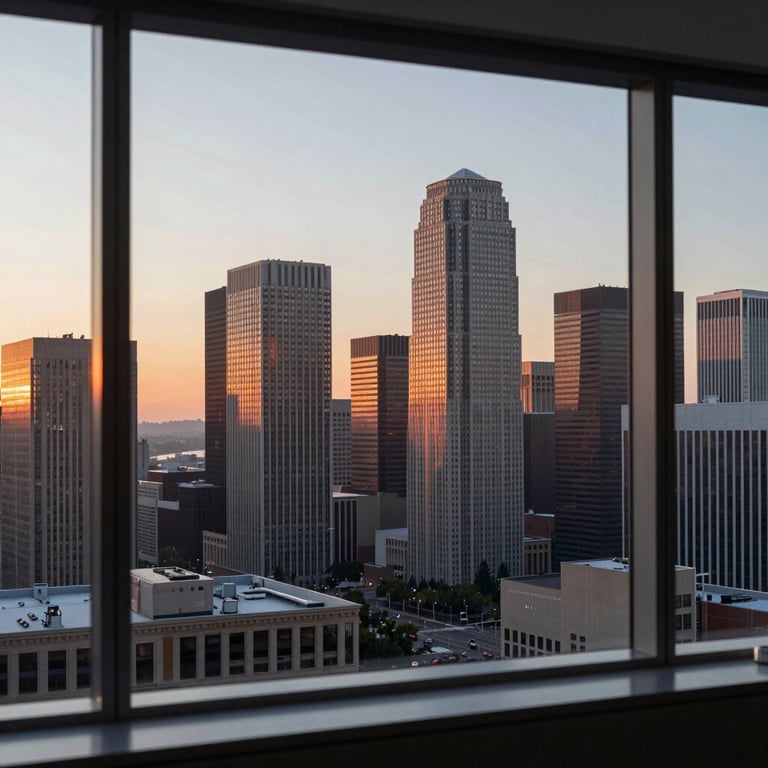 A view of a sunrise over a US business district through a clean office window.