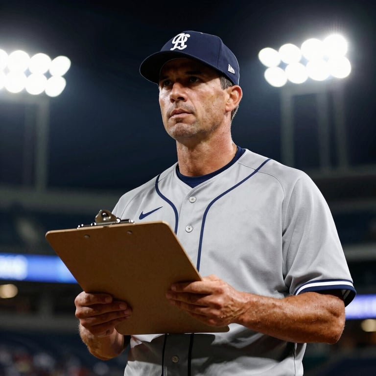 A portrait of a baseball coach holding a clipboard, wearing a gray athletic shirt, stadium lights in background, high contrast, 35mm