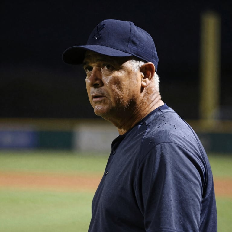 A portrait of a baseball coach in a navy cap, focused expression, baseball field background, dramatic sports lighting, 35mm