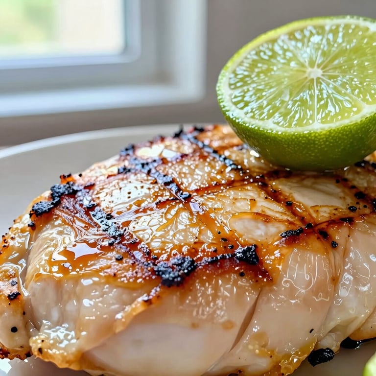 Macro close-up of a perfectly seared chicken breast with lime garnish, textured, bright window light, square aspect ratio
