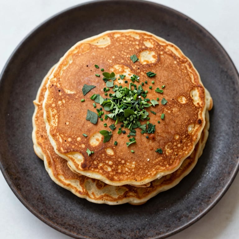 Overhead shot of high-protein savory pancakes topped with fresh herbs on a dark rustic plate, square aspect ratio