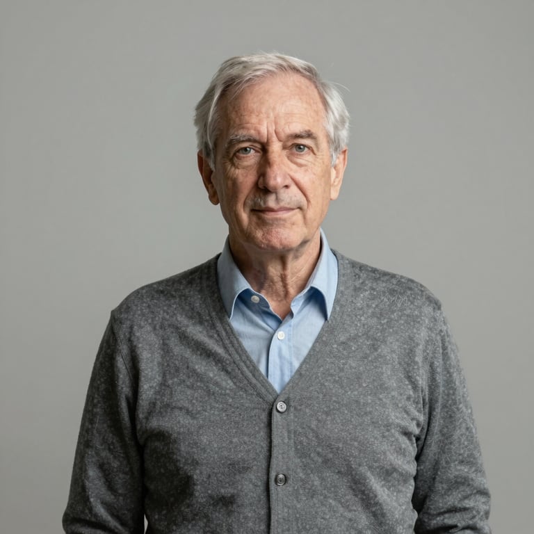 Minimalist architectural portrait of a senior healthcare architect, clean studio lighting, neutral background, professional attire.