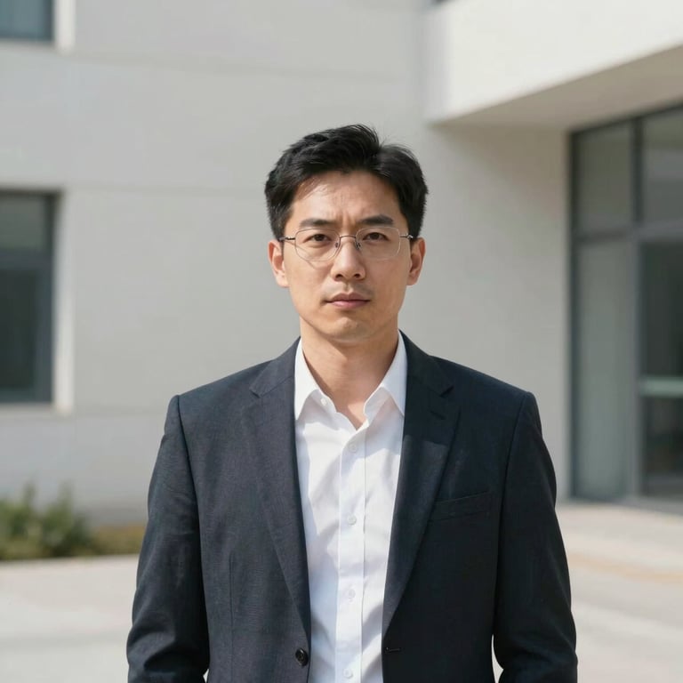 Minimalist portrait of a clinical construction director, professional attire, clean architectural background, soft daylight.