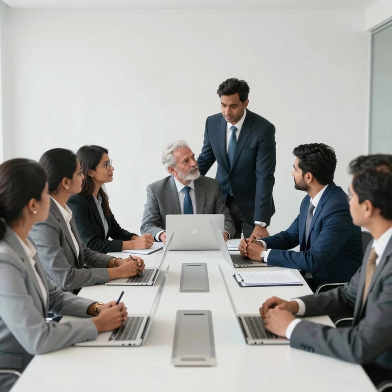 A diverse group of South Asian / Indian professionals in formal attire having a collaborative meeting in a bright, white-walled boardroom.
