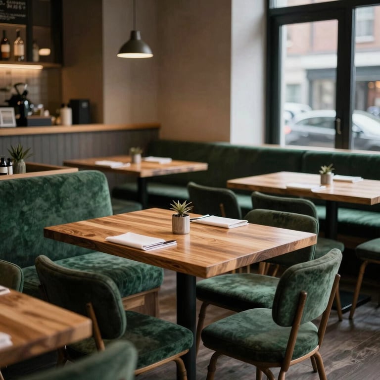 Cozy Scandinavian-style restaurant interior with wooden tables and forest green cushions, North American urban setting.