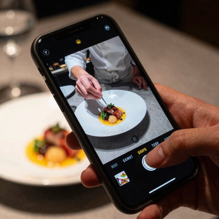 A close-up of a hand holding a smartphone, capturing a high-quality video of a chef garnishing a dish in a modern restaurant.