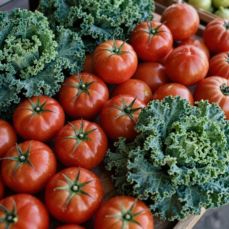 Overhead shot of a rustic North American farm market stall, vibrant red tomatoes and green kale on display, soft morning light.