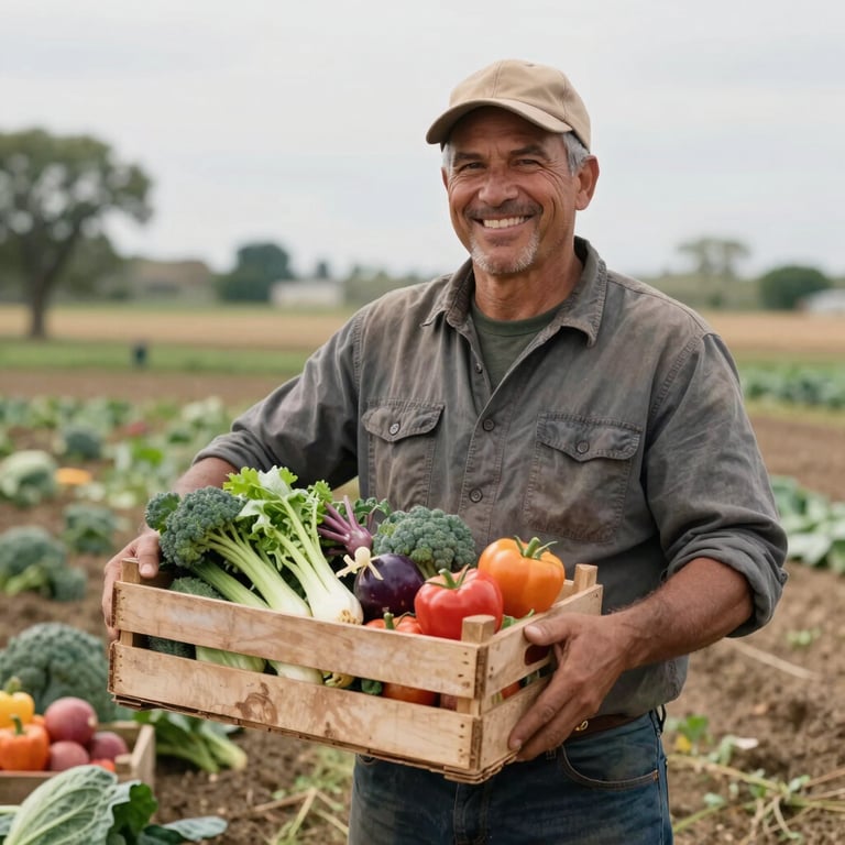 A local farmer smiling while showcasing a crate of fresh produce in a North American rural setting, natural and professional style.