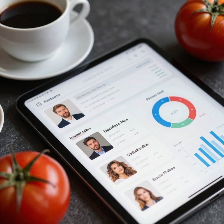 Close-up of a digital tablet showing a social media analytics dashboard next to a cup of coffee and a fresh tomato.