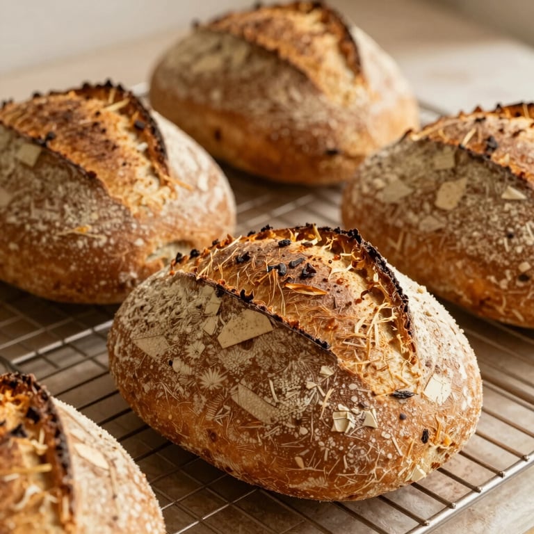 Artisanal sourdough bread loaves on a wooden cooling rack, warm golden hour lighting, professional food photography style.