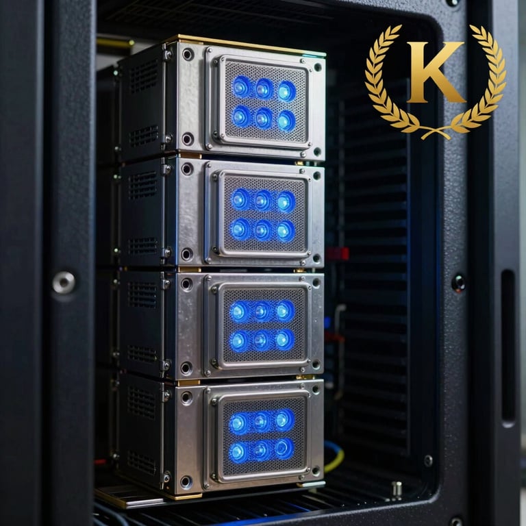 Close-up photography of high-performance cloud server hardware with steel blue glowing status lights.