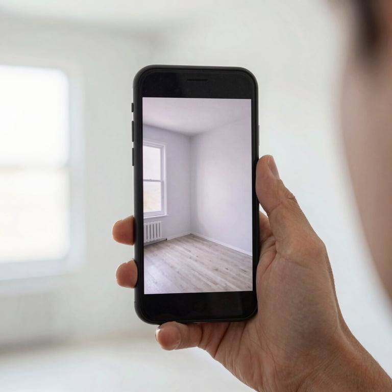 A hand holding a smartphone in a bright interior, showing a high-quality video stream with no lag, mist white aesthetic.