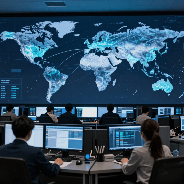 A wide shot of a modern city skyline at night, glowing with soft cerulean and deep navy blue lights, symbolizing global digital connectivity.