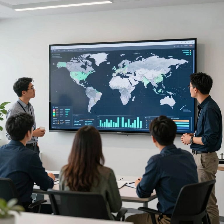 A group of media professionals in a mist white office collaborating in front of a large display showing global data distribution.
